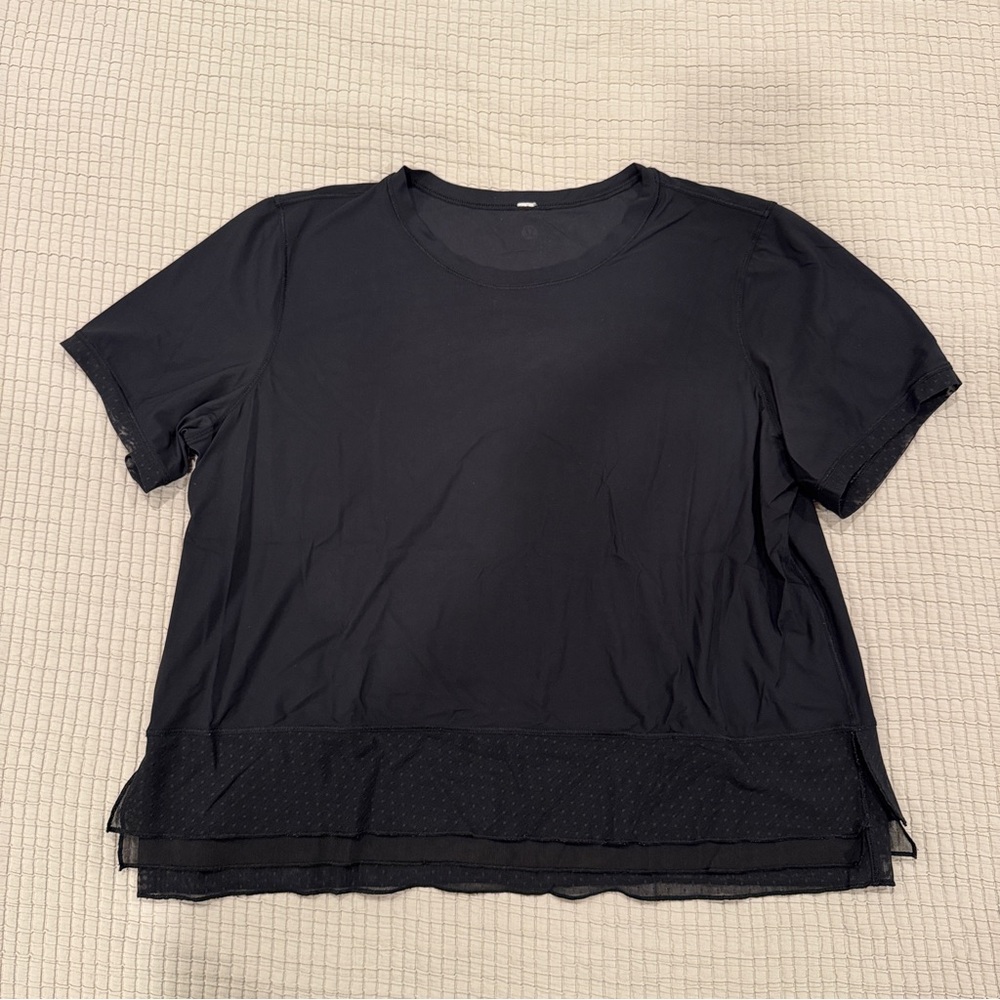 Lululemon Women’s Black Workout Tee Shirt with Swiss Dot Mesh Ruffle Detail - 8